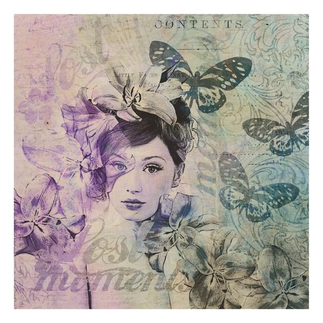 Cuadros vintage madera Shabby Chic Collage - Portrait With Butterflies