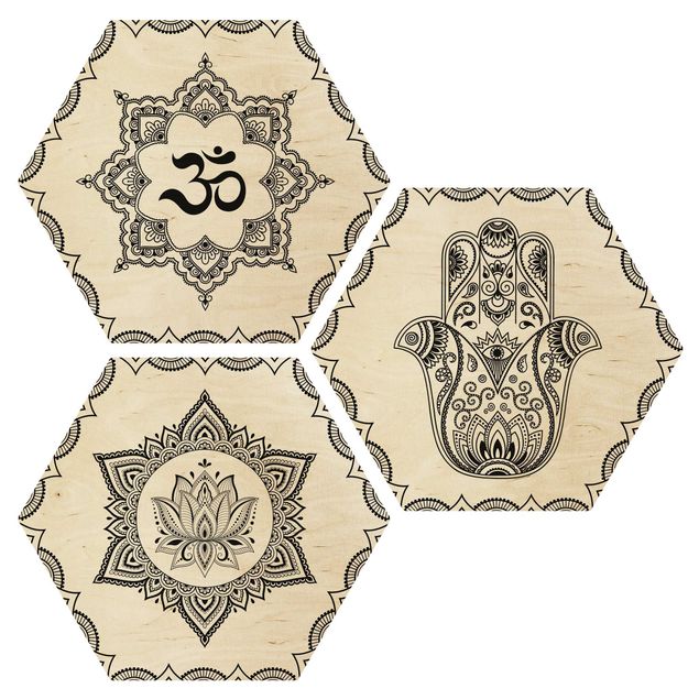 cuadros hexagonales Hamsa Hand Lotus OM Illustration Set Black And White