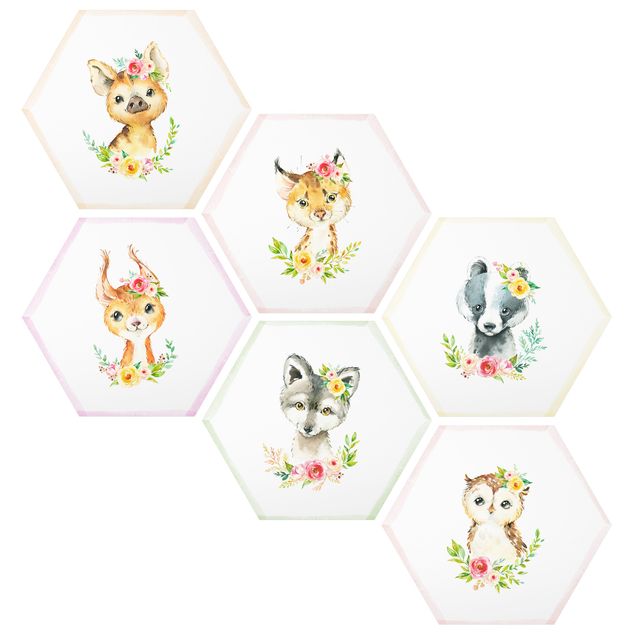 Cuadros modernos Watercolour Forest Animals With Flowers Set V