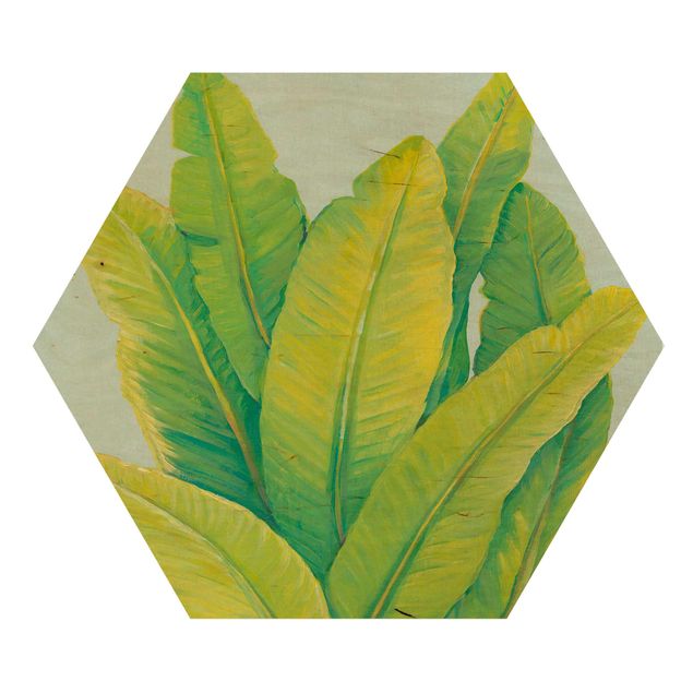 Hexagon Bild Holz - Gelbgrüne Bananenblätter