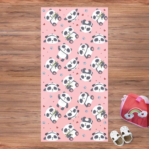 alfombra de terraza Cute Panda With Paw Prints And Hearts Pastel Pink