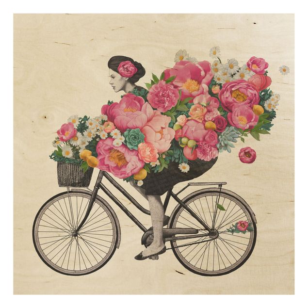 Cuadros Laura Graves Arte Illustration Woman On Bicycle Collage Colourful Flowers