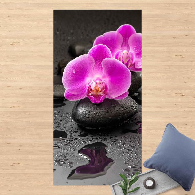 alfombra de terraza Pink Orchid Flower On Stones With Drops