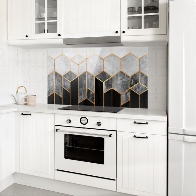 Panel antisalpicaduras cocina patrones Golden Hexagons Black And White