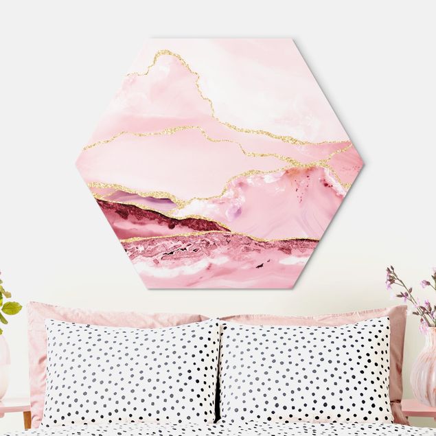 Decoración de cocinas Abstract Mountains Pink With Golden Lines