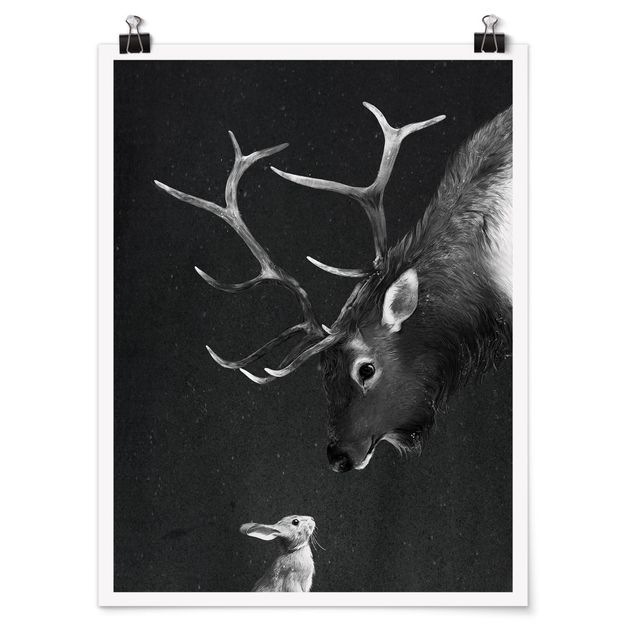 Láminas blanco y negro para enmarcar Illustration Deer And Rabbit Black And White Drawing