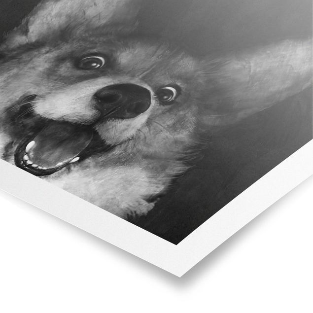 Póster de animales Illustration Dog Corgi Paintig Black And White