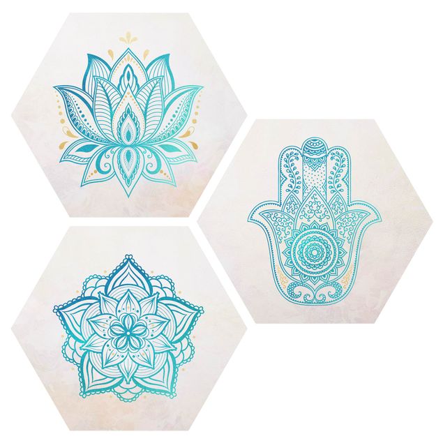 Cuadros zen Mandala Hamsa Hand Lotus Set Gold Blue