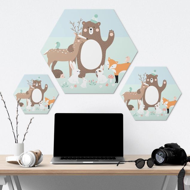cuadro hexagonal Forest Friends with forest animals blue