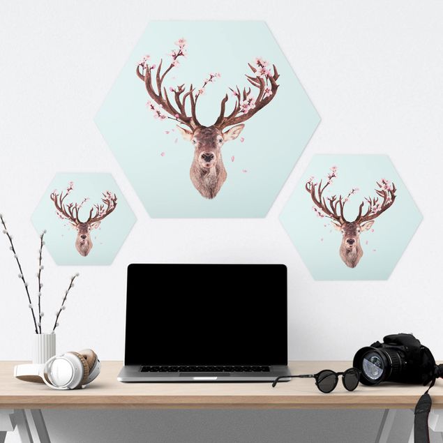 cuadro hexagonal Deer With Cherry Blossoms