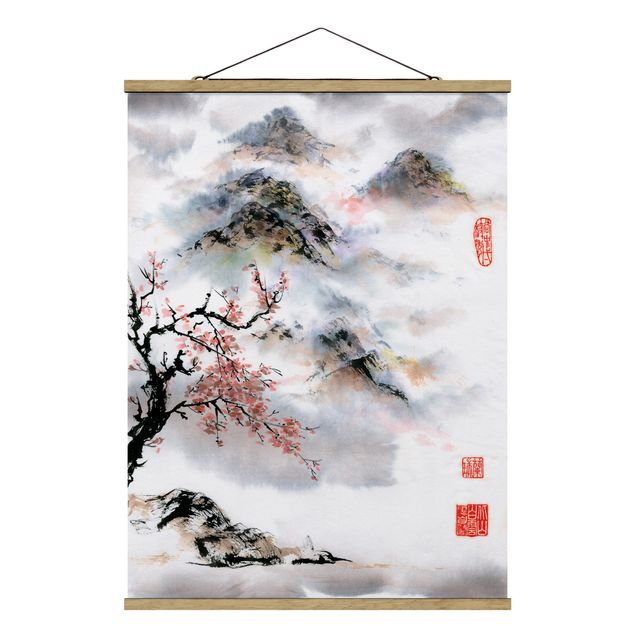 Cuadros de paisajes naturales  Japanese Watercolour Drawing Cherry Tree And Mountains