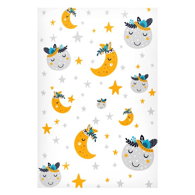 Láminas india Sleaping Friends Moon And Stars With Frame