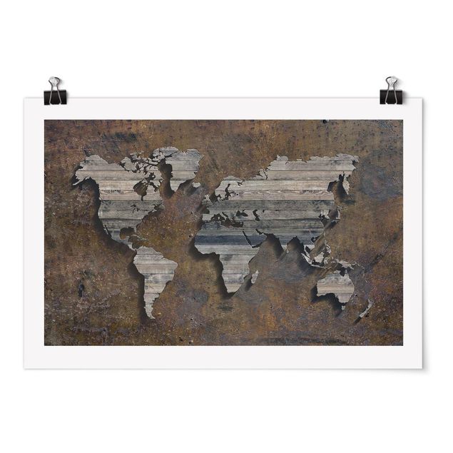 Cuadros industriales Wooden Grid World Map