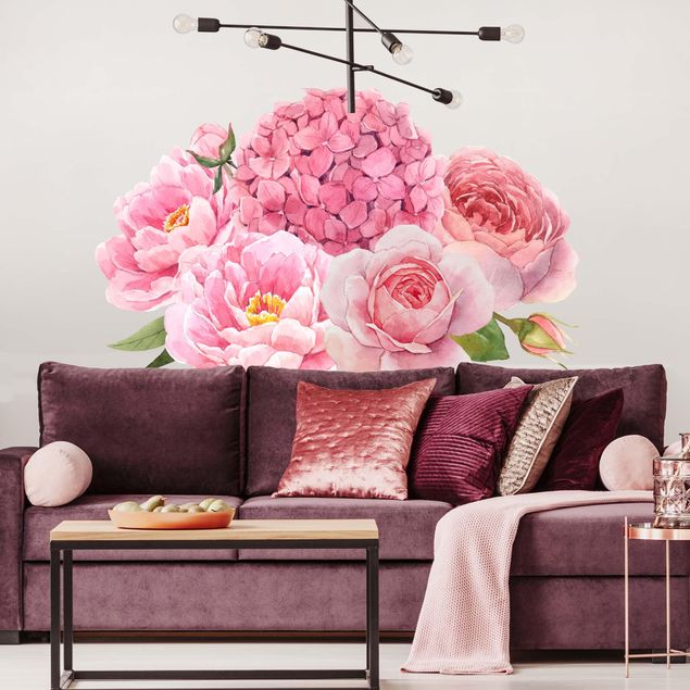 Vinilos de pared rosas Watercolour Hydrangea Rose Bouquet XXL