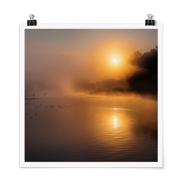 Póster paisajes para pared Sunrise on the lake with deers in the fog