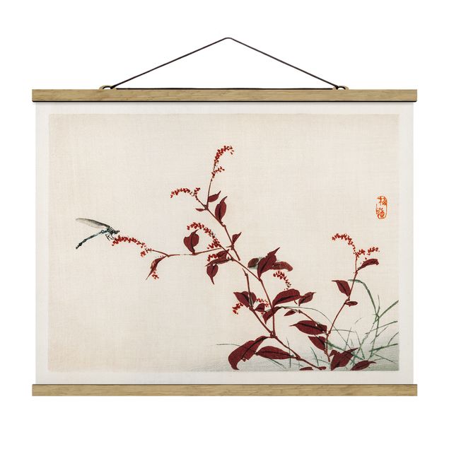Cuadros retro vintage Asian Vintage Drawing Red Branch With Dragonfly