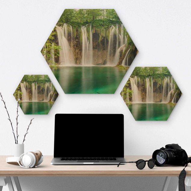 Hexagon Bild Holz - Wasserfall Plitvicer Seen