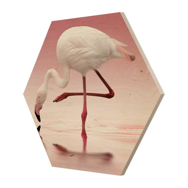 Hexagon Bild Holz - Flamingo Dance