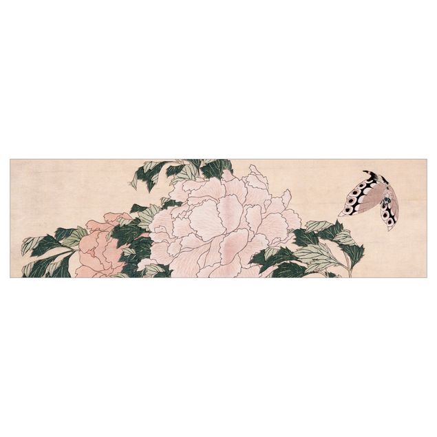 Láminas de vinilo Katsushika Hokusai - Pink Peonies With Butterfly