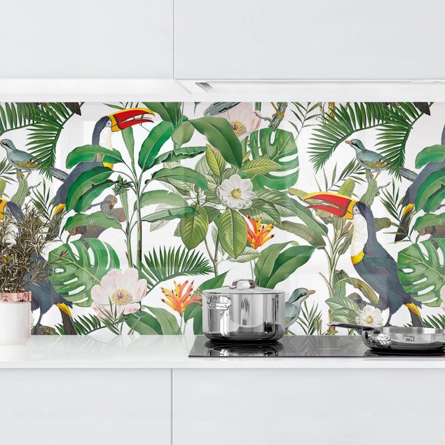 Decoración en la cocina Tropical Toucan With Monstera And Palm Leaves