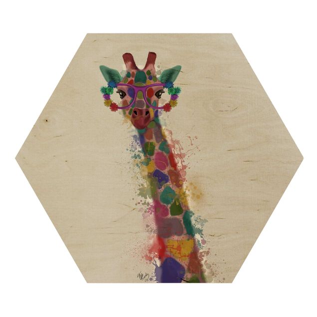 Hexagon Bild Holz - Regenbogen Splash Giraffe