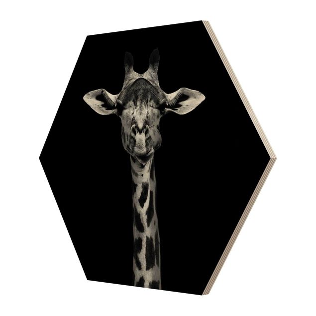 Hexagon Bild Holz - Dunkles Giraffen Portrait