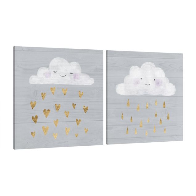 Cuadros modernos Clouds With Golden Heart And Drops Set I