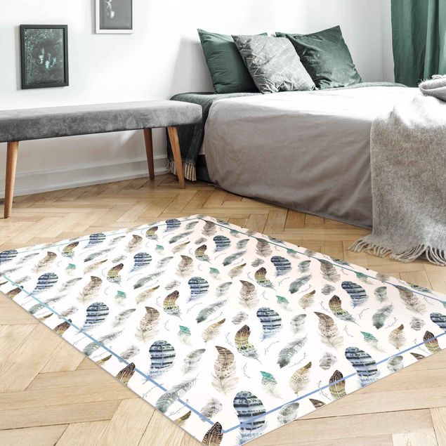 Alfombras modernas Boho Watercolour Feathers In Earthy Colours With Frame