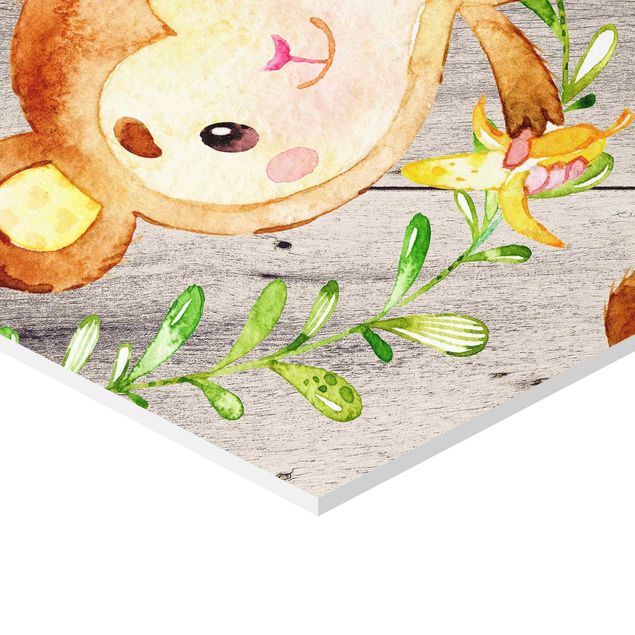 cuadros hexagonales Watercolor Monkey On Wood