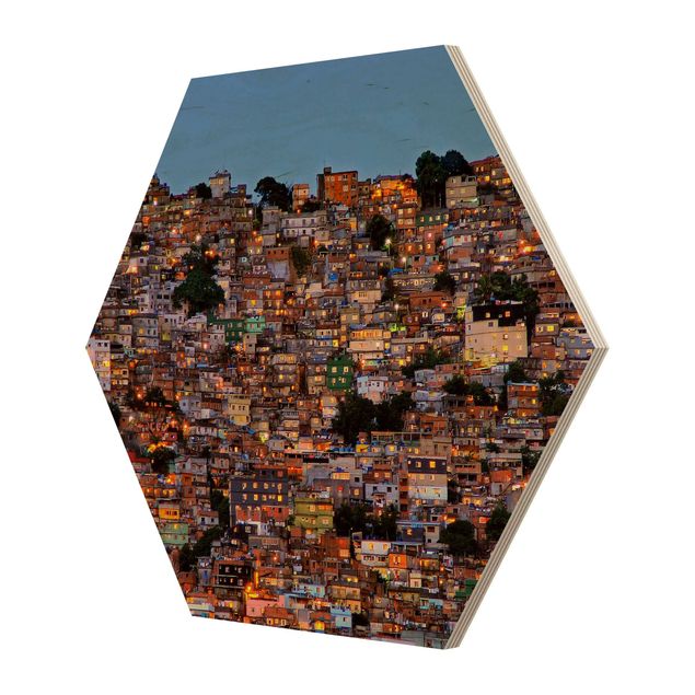 Hexagon Bild Holz - Rio de Janeiro Favela Sonnenuntergang