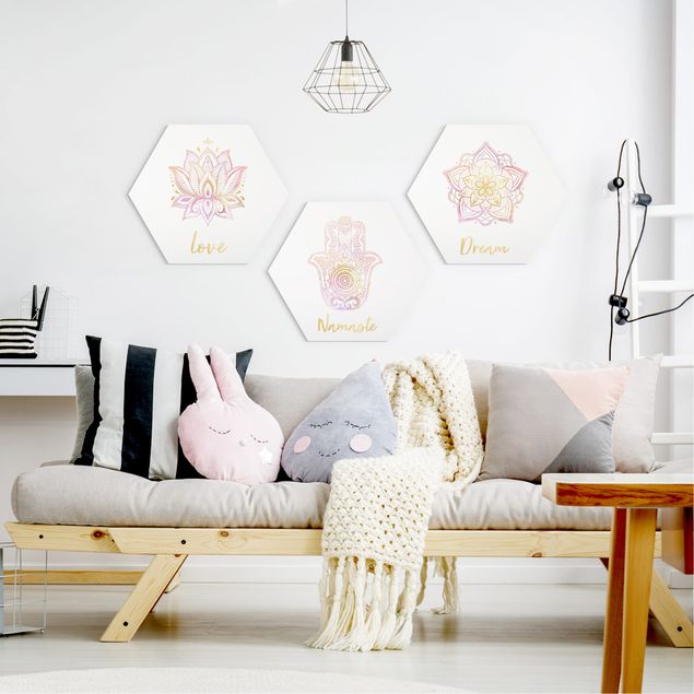 Cuadros de mandalas para dormitorios Mandala Namaste Lotus Set Gold Light Pink