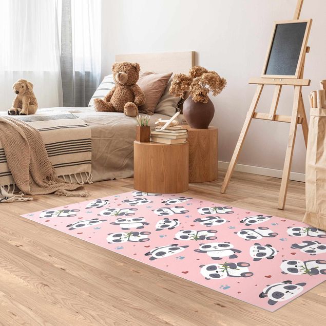 Decoración infantil pared Cute Panda With Paw Prints And Hearts Pastel Pink