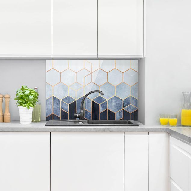 Panel antisalpicaduras cocina patrones Golden Hexagons Blue White