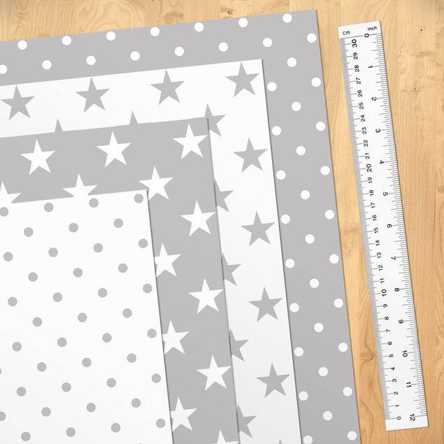 Papel adhesivo para muebles gris Grey White Stars And Dots In 4 Variations