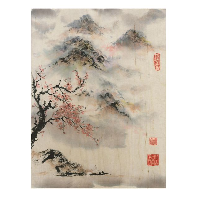 Cuadros de madera flores Japanese Watercolour Drawing Cherry Tree And Mountains