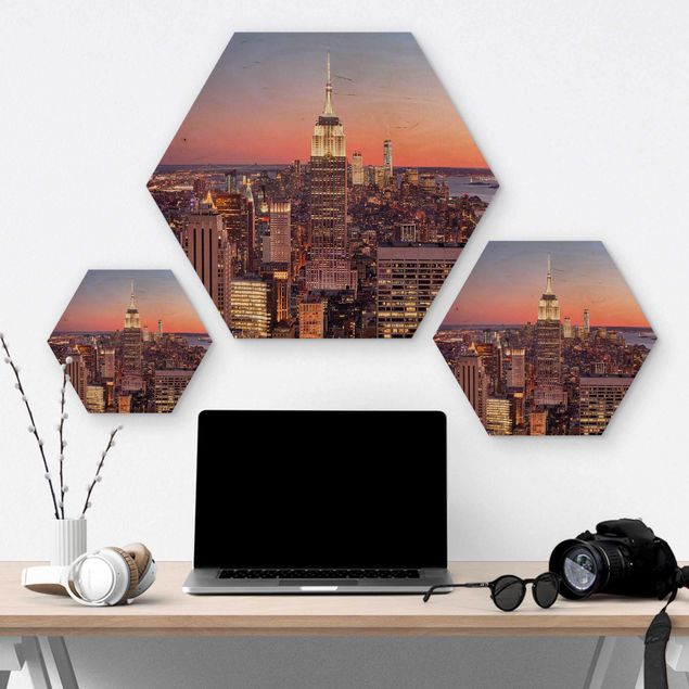 Hexagon Bild Holz - Sonnenuntergang Manhattan New York City