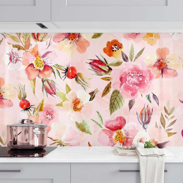 Decoración de cocinas Watercolour Flowers On Light Pink