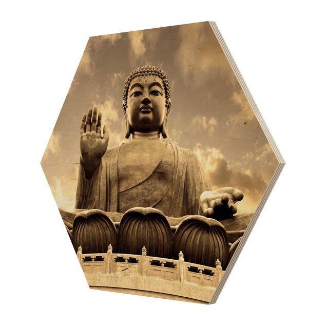 Hexagon Bild Holz - Großer Buddha Sepia