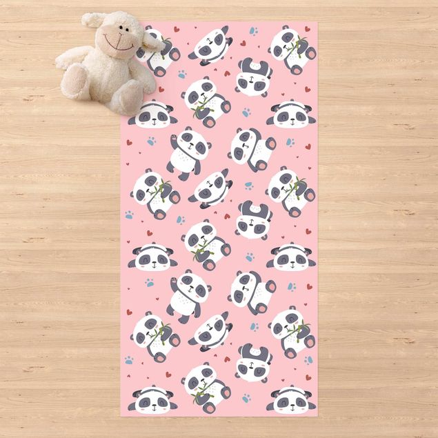 Alfombra exterior Cute Panda With Paw Prints And Hearts Pastel Pink