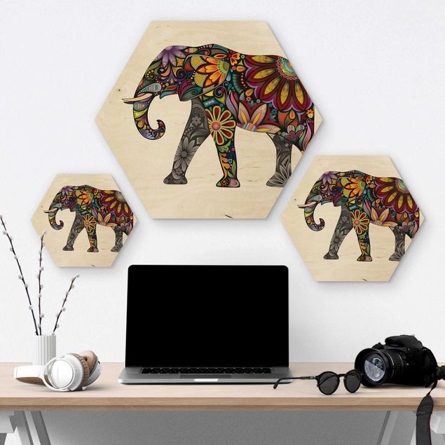 Hexagon Bild Holz - No.651 Elefantenmuster