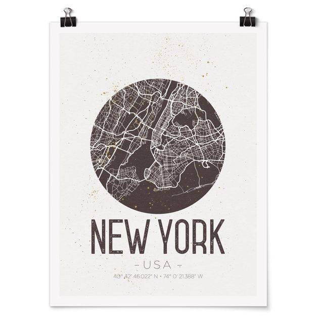 Pósters en blanco y negro New York City Map - Retro