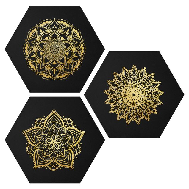 Cuadros zen Mandala Flower Sun Illustration Set Black Gold