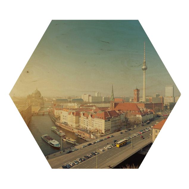 Hexagon Bild Holz - Berlin am Morgen