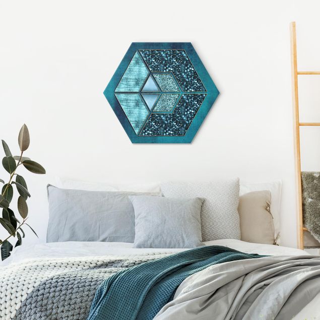 Láminas de cuadros famosos Blue Hexagon With Golden Contour