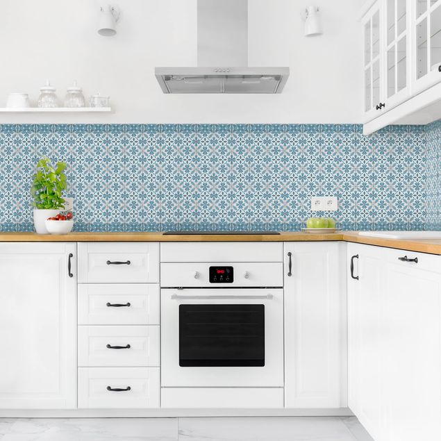 Salpicadero cocina adhesivo efecto teja Geometrical Tile Mix Blossom Blue Grey