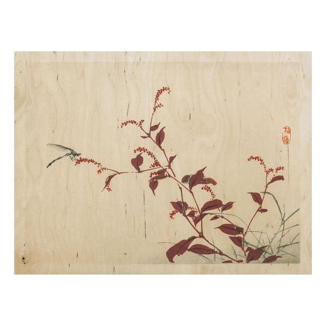 Cuadros de madera flores Asian Vintage Drawing Red Branch With Dragonfly
