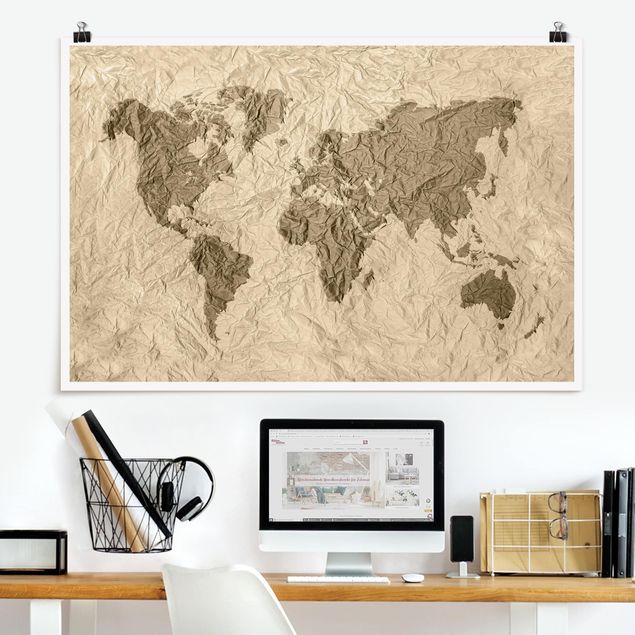 Decoración de cocinas Paper World Map Beige Brown