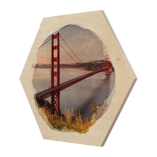 Hexagon Bild Holz - Wasserfarben - Golden Gate Bridge in San Francisco
