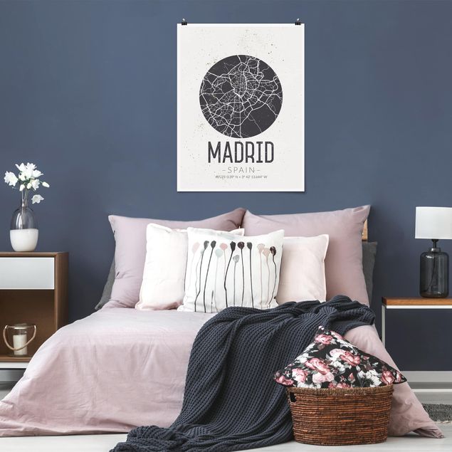 Láminas blanco y negro para enmarcar Madrid City Map - Retro