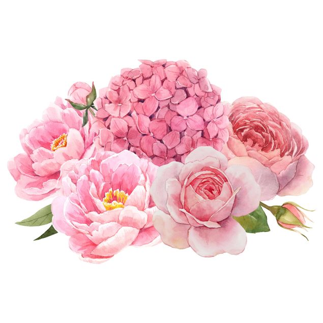 Vinilos de plantas para pared Watercolour Hydrangea Rose Bouquet XXL
